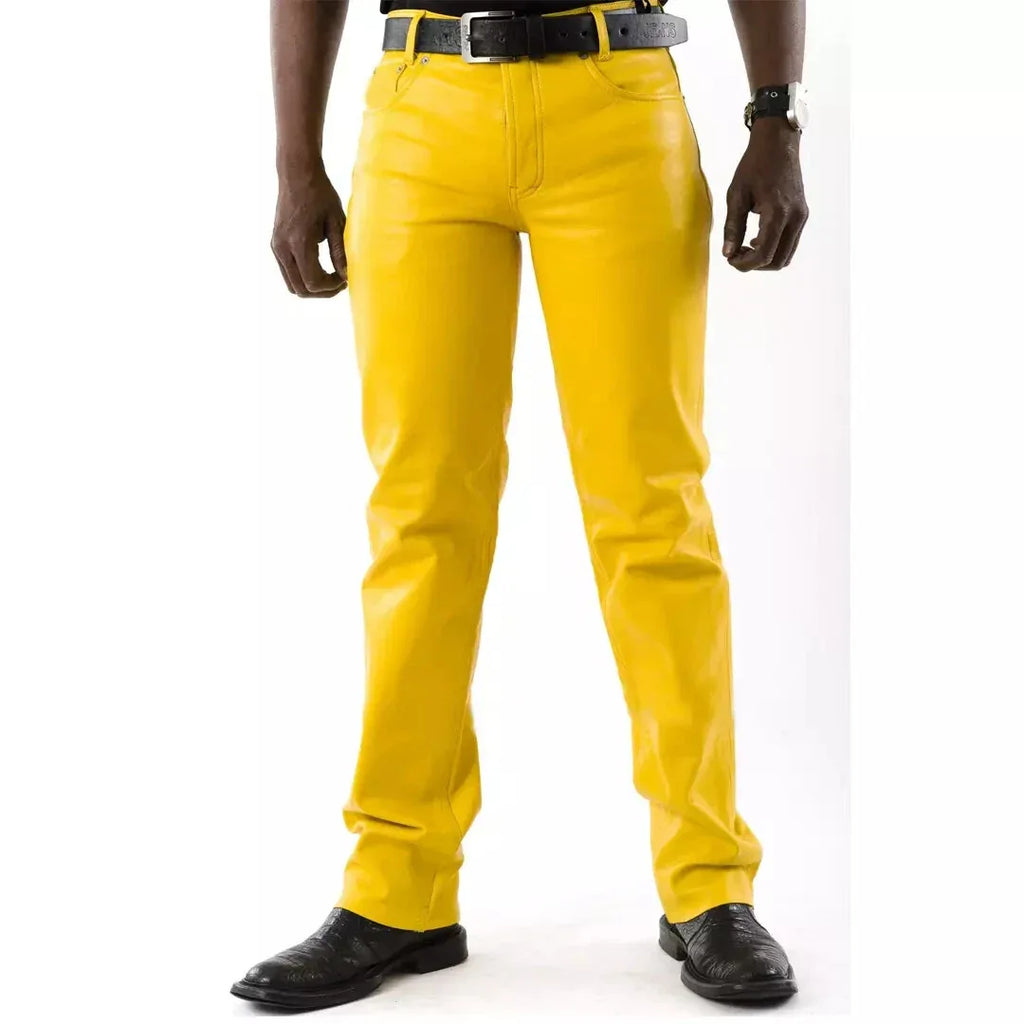 Men's Yellow Full-Grain Original Leather Pants - Straight Leg Statement Piece