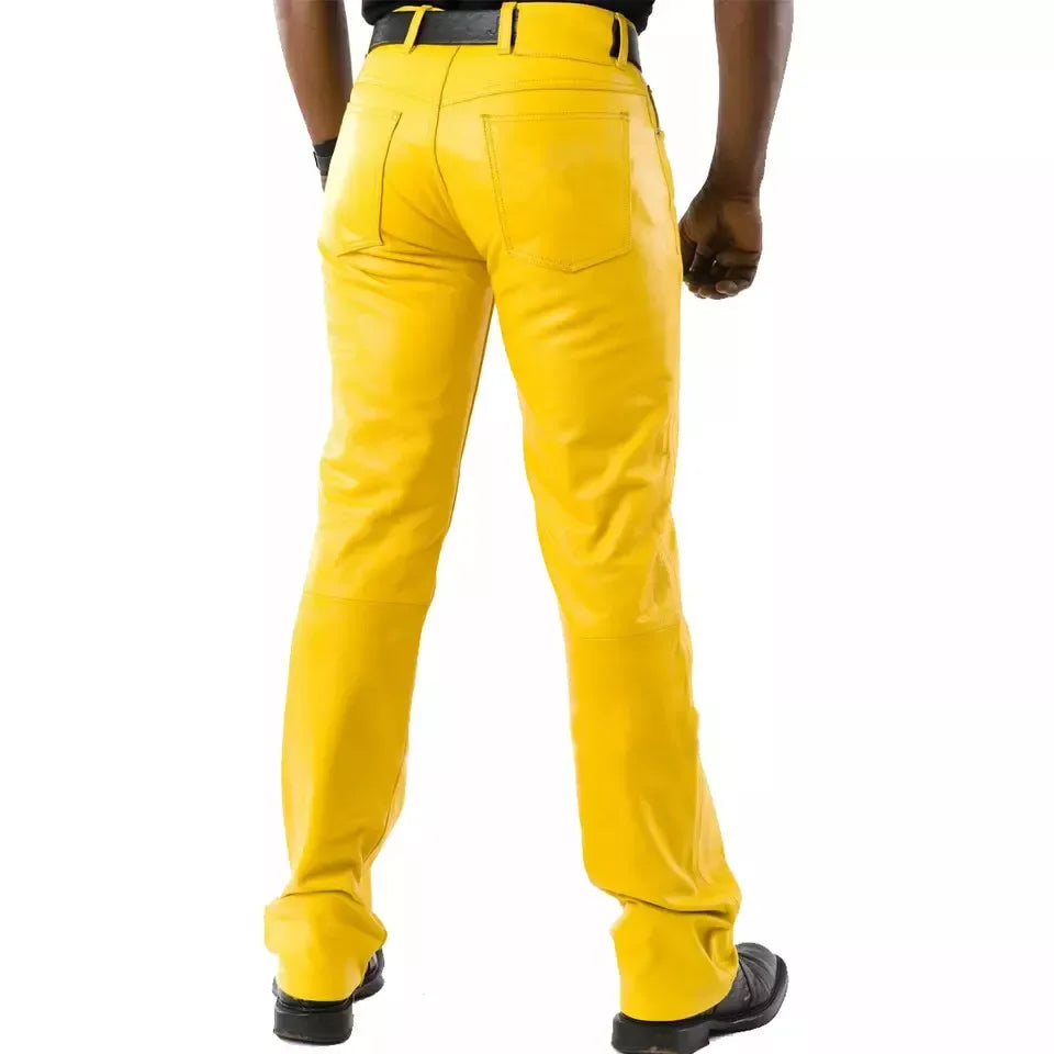 Men's Yellow Full-Grain Original Leather Pants - Straight Leg Statement Piece