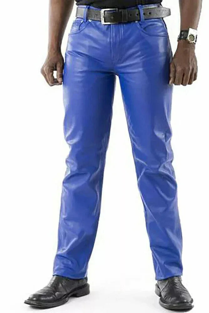 Men's Royal Blue Full-Grain Original Leather Pants - Straight Leg Statement Piece
