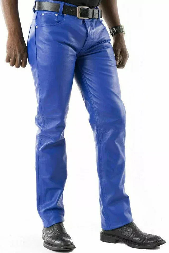 Men's Royal Blue Full-Grain Original Leather Pants - Straight Leg Statement Piece