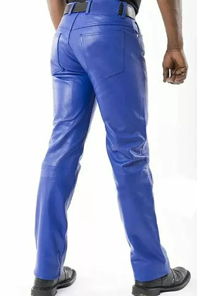 Men's Royal Blue Full-Grain Original Leather Pants - Straight Leg Statement Piece