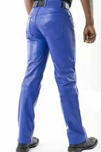 Men's Royal Blue Full-Grain Original Leather Pants - Straight Leg Statement Piece