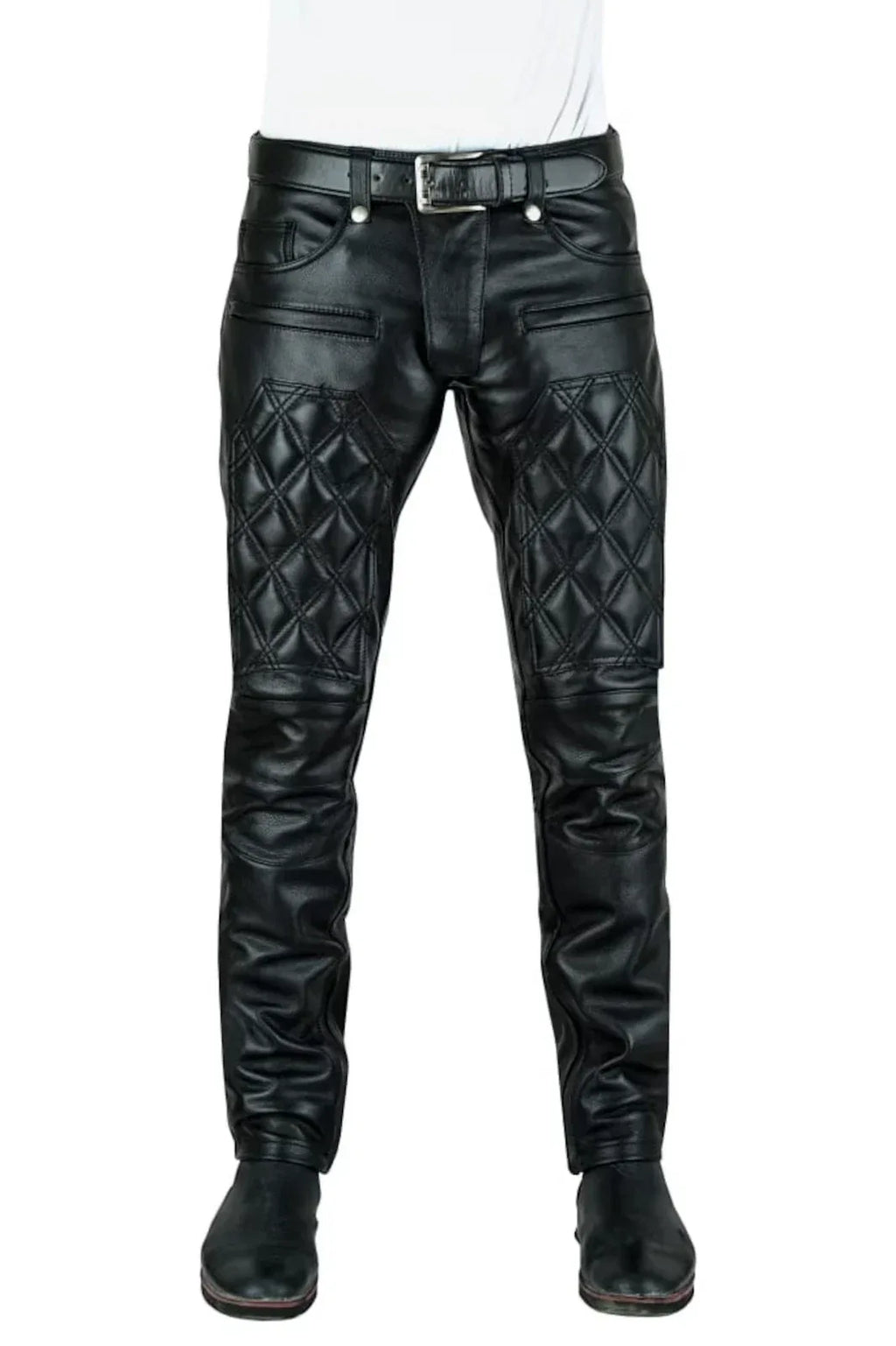 Men's Black Quilted Moto Full-Grain Original Leather Pants - Slim Fit
