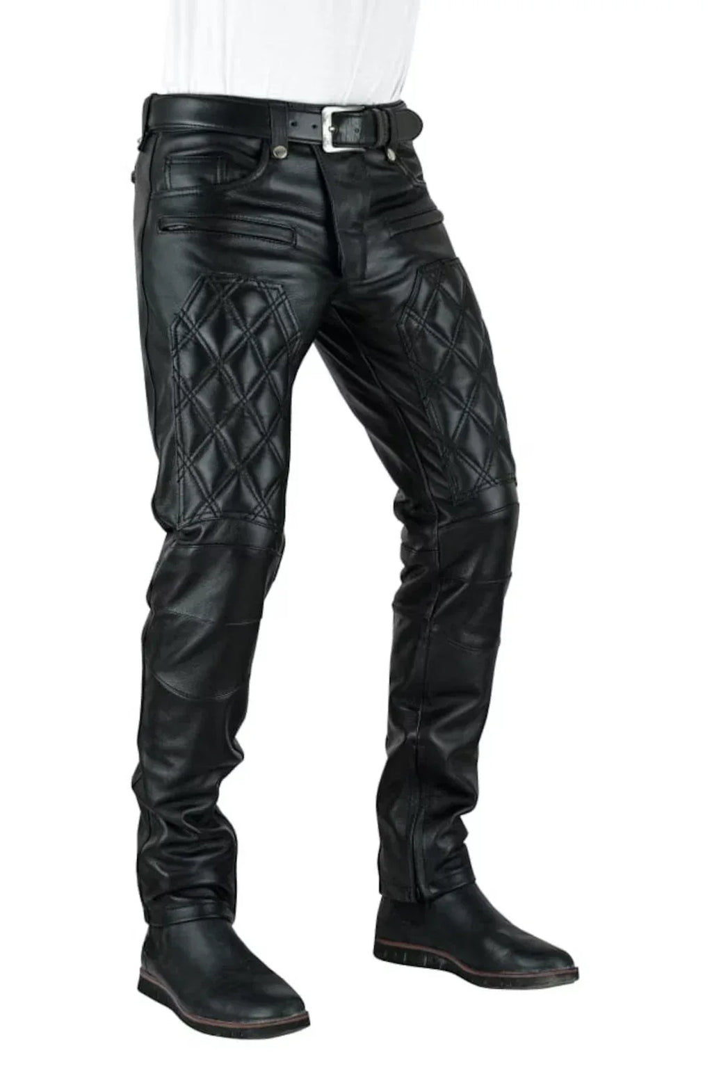 Men's Black Quilted Moto Full-Grain Original Leather Pants - Slim Fit