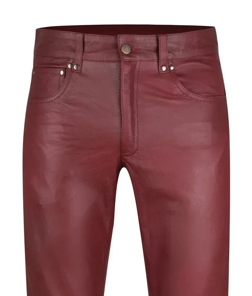 Men's Burgundy Full-Grain Original Leather Pants - Straight Leg Premium Fit