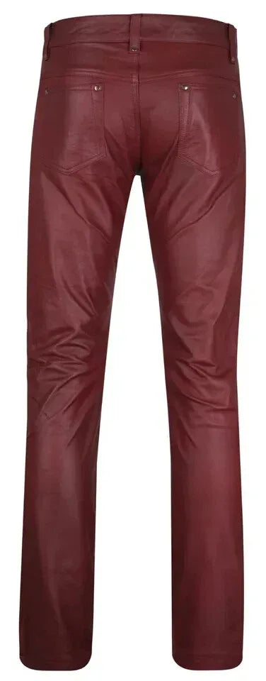 Men's Burgundy Full-Grain Original Leather Pants - Straight Leg Premium Fit