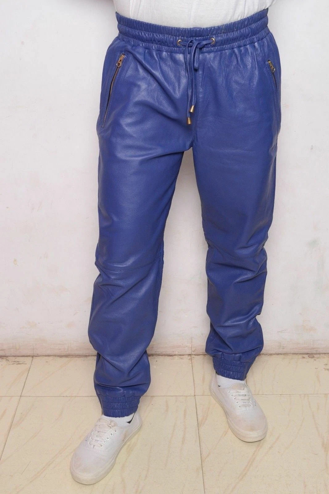 Men Blue Full-Grain Original Leather Premium Joggers - Relaxed Athleisure Fit