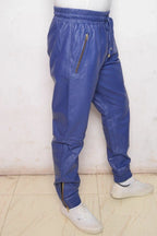 Men Blue Full-Grain Original Leather Premium Joggers - Relaxed Athleisure Fit