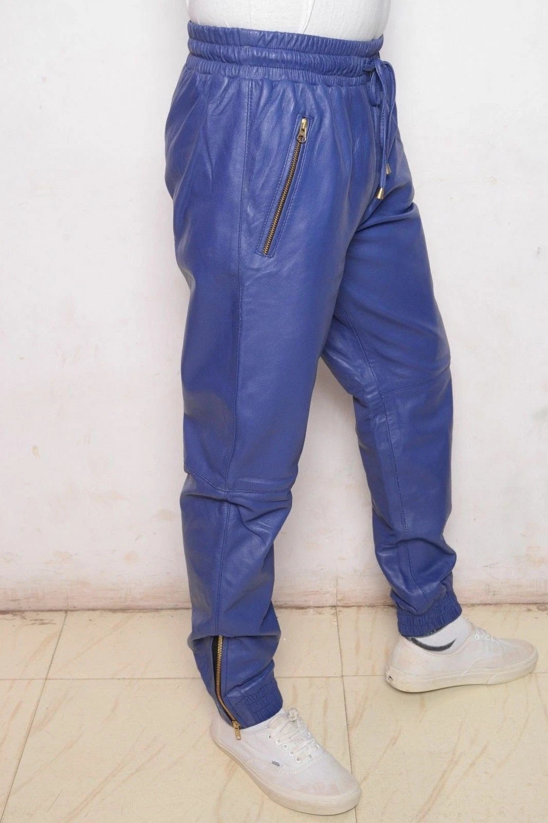 Men Blue Full-Grain Original Leather Premium Joggers - Relaxed Athleisure Fit