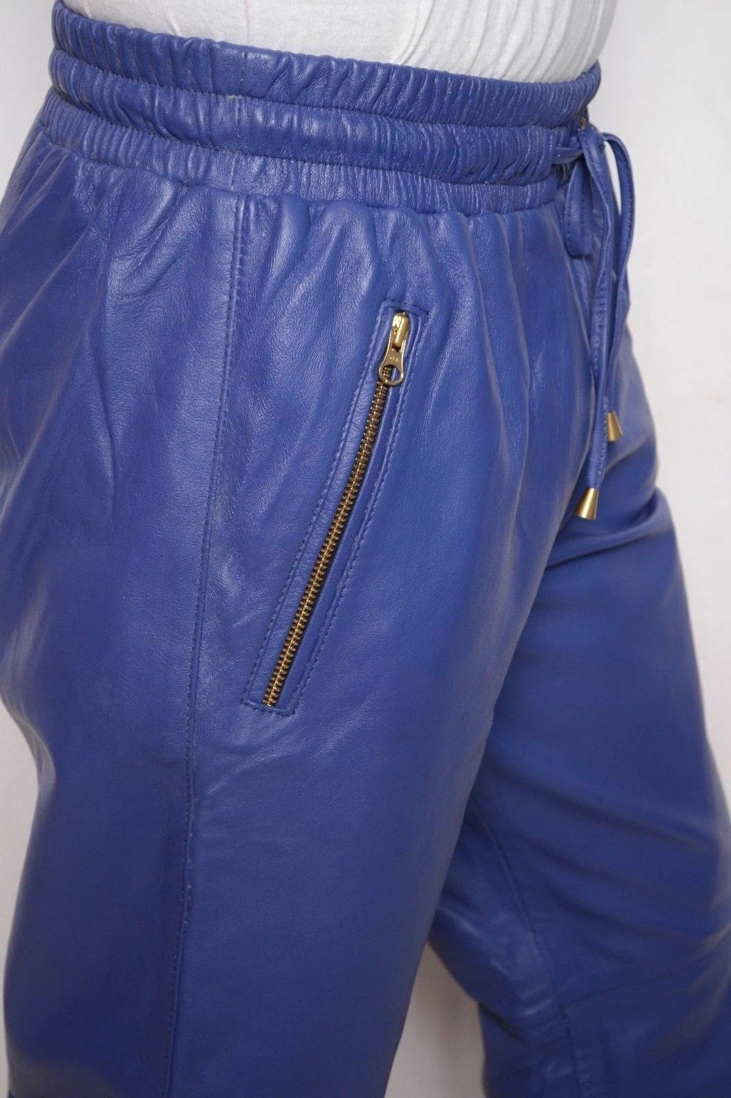 Men Blue Full-Grain Original Leather Premium Joggers - Relaxed Athleisure Fit