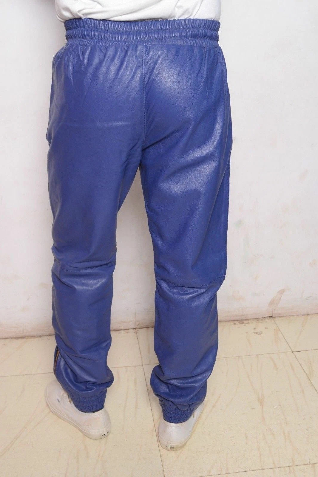 Men Blue Full-Grain Original Leather Premium Joggers - Relaxed Athleisure Fit