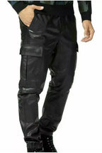 Men's Black Full-Grain Original Leather Cargo Pants - Premium Tactical Relaxed Fit