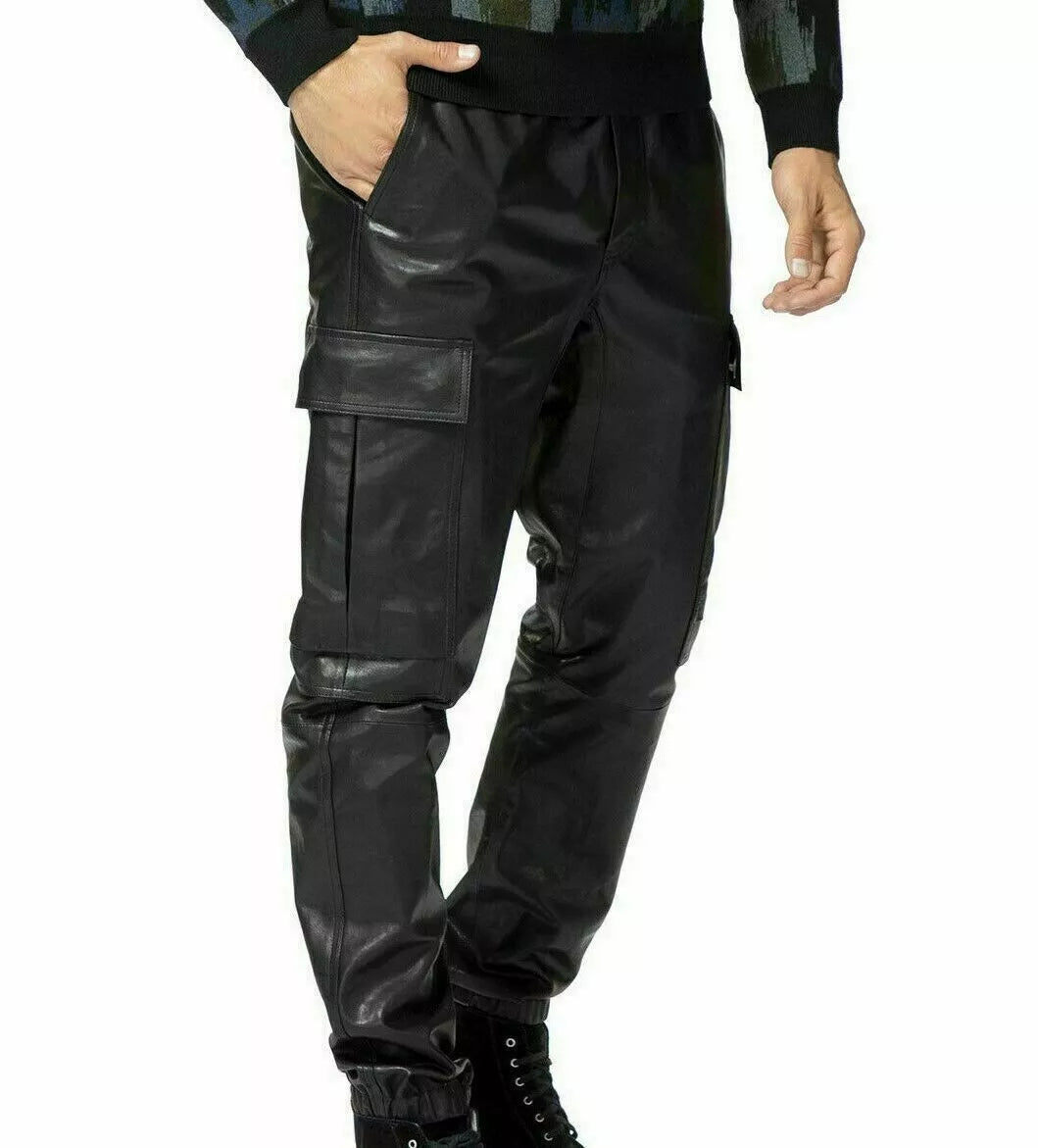 Men's Black Full-Grain Original Leather Cargo Pants - Premium Tactical Relaxed Fit