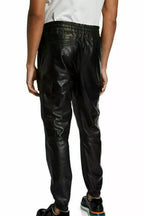 Men's Black Full-Grain Original Leather Cargo Pants - Premium Tactical Relaxed Fit