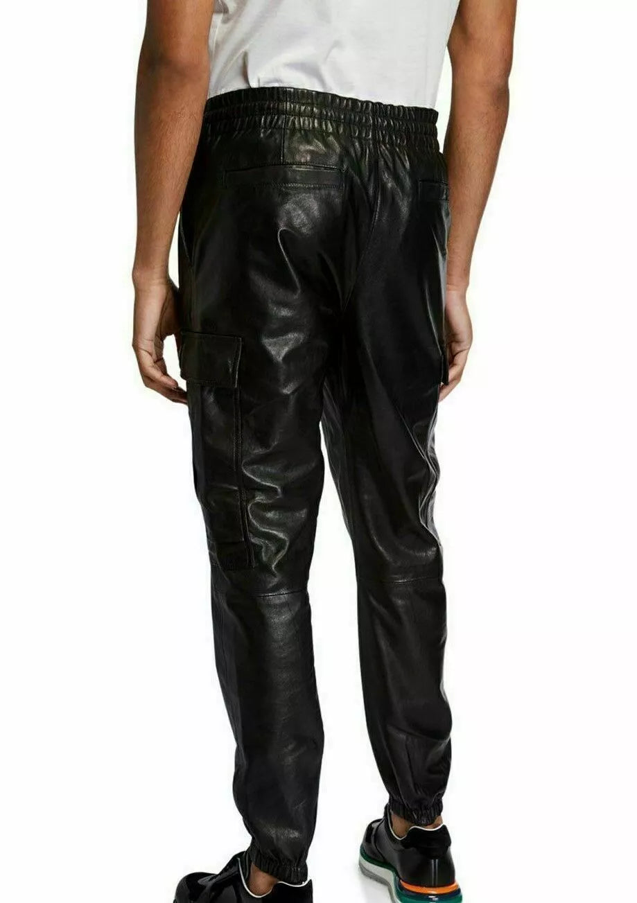 Men's Black Full-Grain Original Leather Cargo Pants - Premium Tactical Relaxed Fit