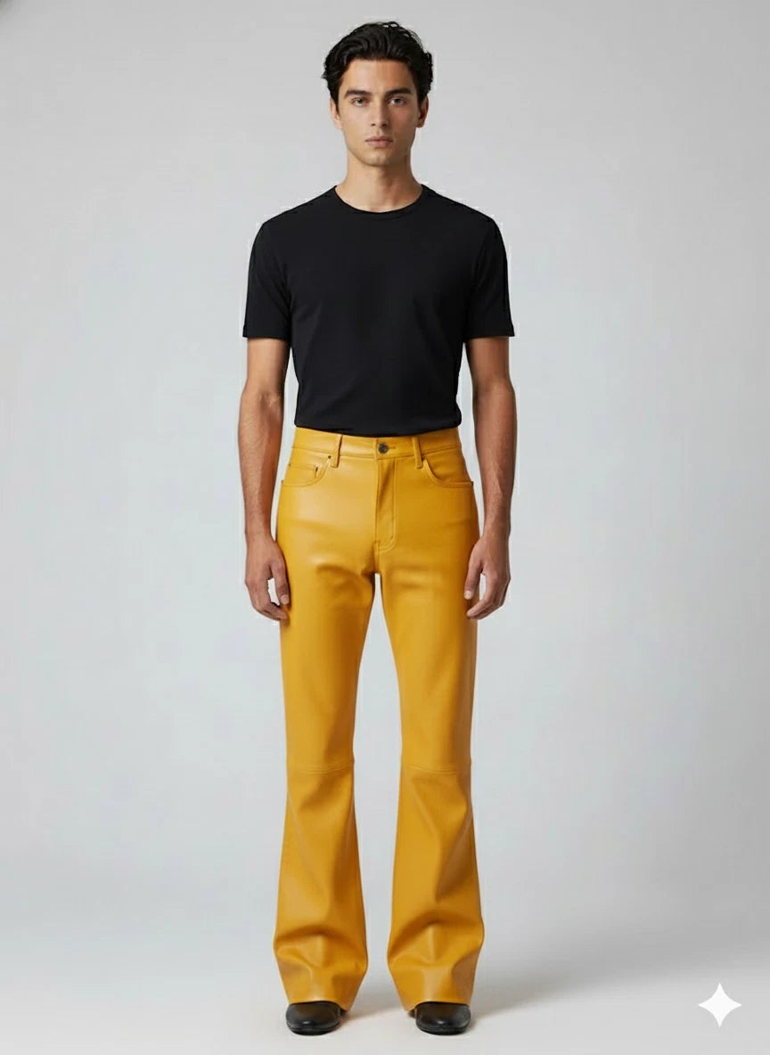 Men's Mustard Yellow Full-Grain Original Leather Flared Pants - Premium Retro Statement Piece