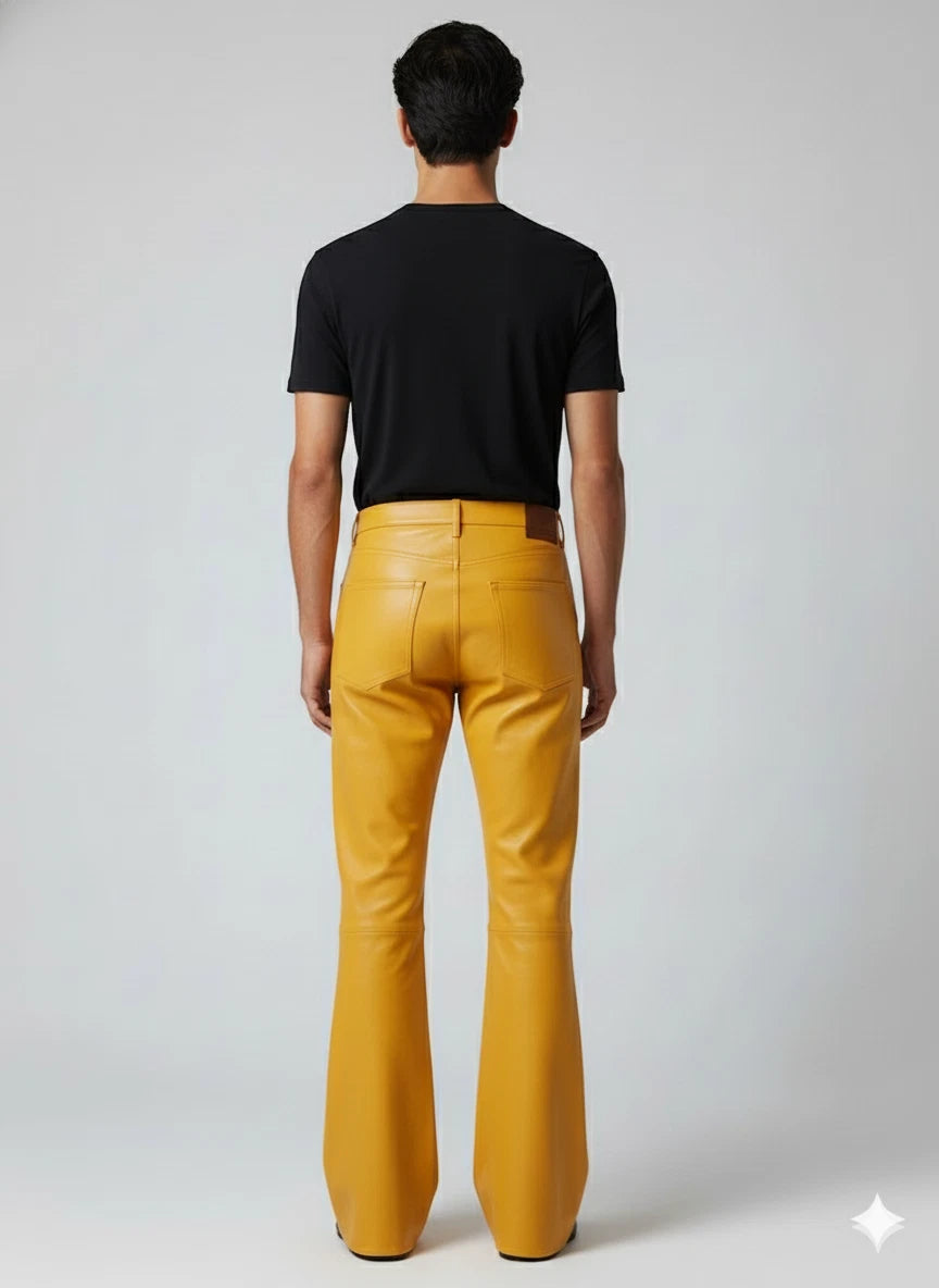 Men's Mustard Yellow Full-Grain Original Leather Flared Pants - Premium Retro Statement Piece
