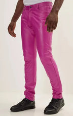 Original Men's Hot Pink Full-Grain Premium Leather Pants - Slim Fit Bold Statement