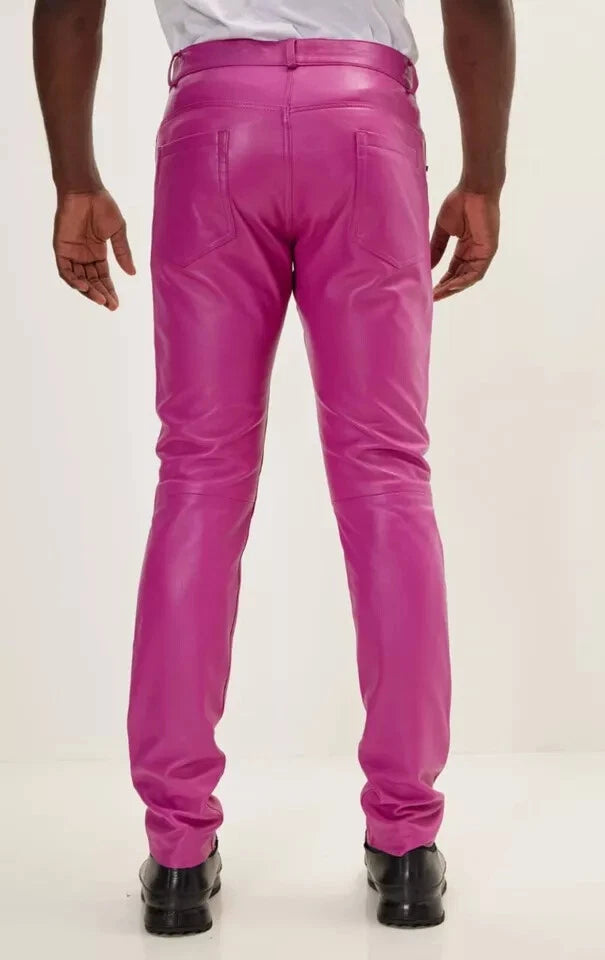 Original Men's Hot Pink Full-Grain Premium Leather Pants - Slim Fit Bold Statement