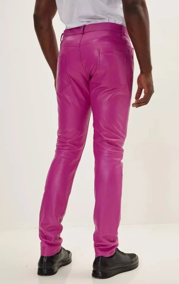 Original Men's Hot Pink Full-Grain Premium Leather Pants - Slim Fit Bold Statement