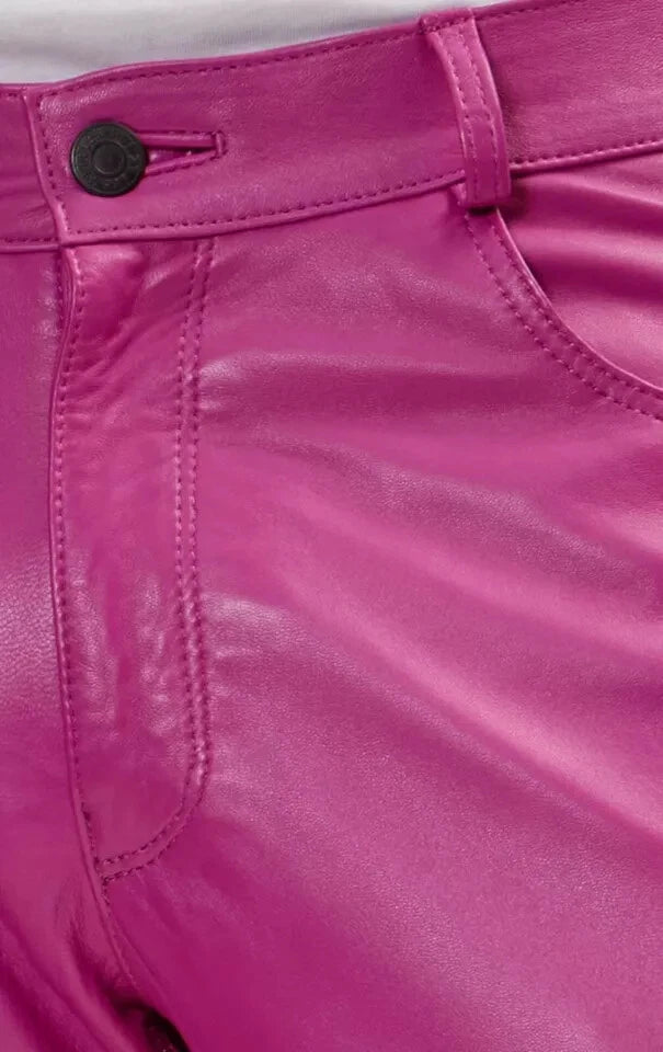 Original Men's Hot Pink Full-Grain Premium Leather Pants - Slim Fit Bold Statement