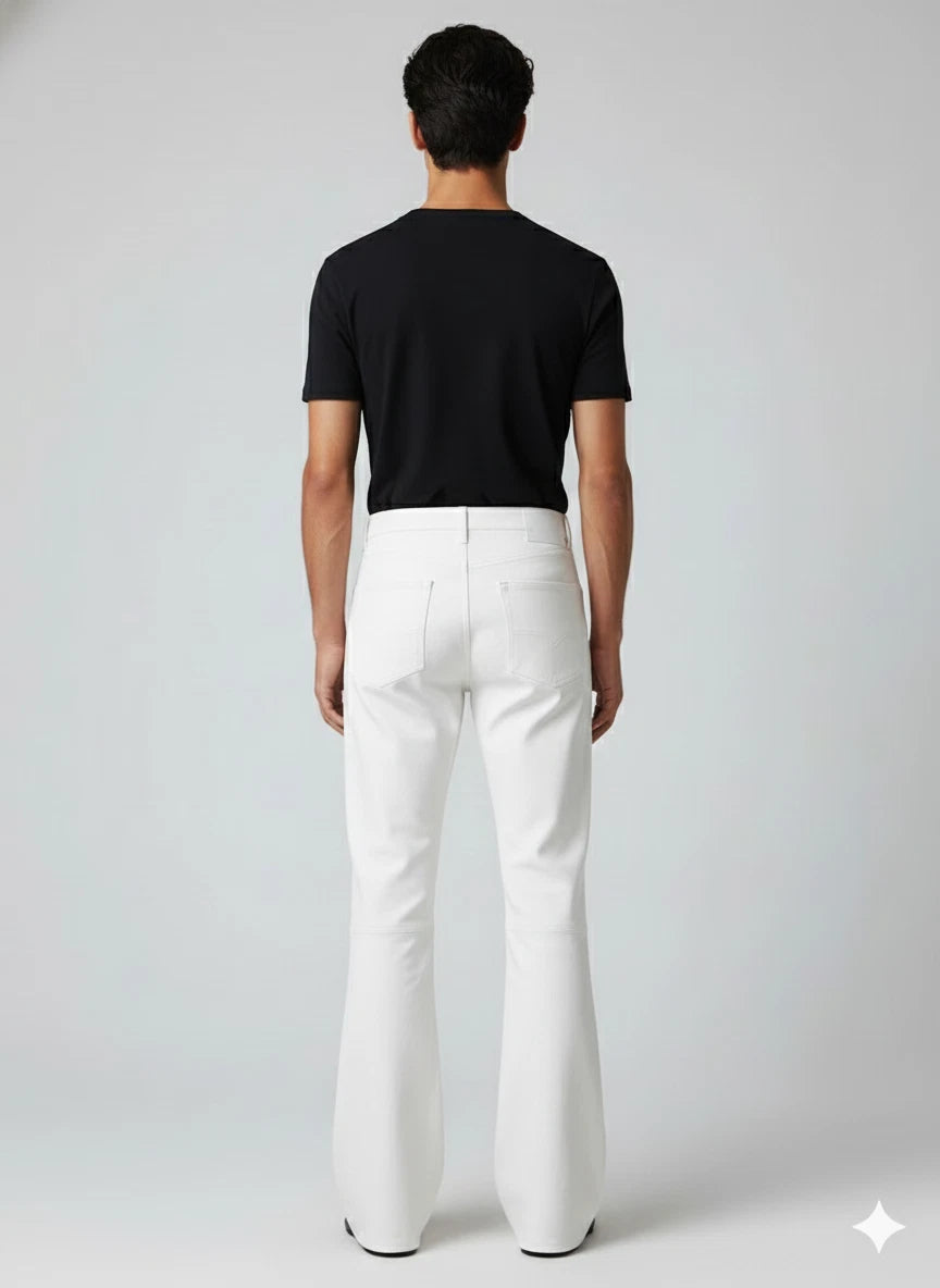 Men's White Full-Grain Premium Original Leather Flared Pants - Retro Statement Piece