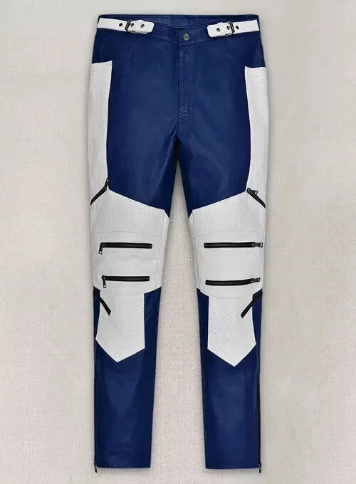Men's Navy & White Full-Grain Original Leather Premium Moto Pants - Racing Inspired Fit