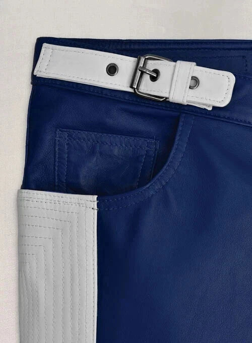 Men's Navy & White Full-Grain Original Leather Premium Moto Pants - Racing Inspired Fit