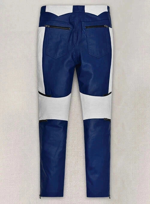 Men's Navy & White Full-Grain Original Leather Premium Moto Pants - Racing Inspired Fit