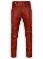 Men's Red Full-Grain Original Premium Leather Moto Pants - Slim Fit with Zipper Details