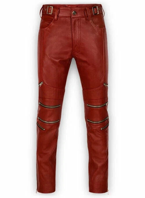 Men's Cognac Brown Full-Grain Original Premium Leather Moto Pants - Slim Fit with Zipper Details