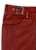 Men's Red Full-Grain Original Premium Leather Moto Pants - Slim Fit with Zipper Details