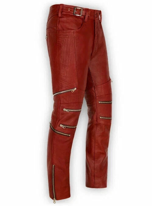 Men's Cognac Brown Full-Grain Original Premium Leather Moto Pants - Slim Fit with Zipper Details
