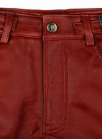 Men's Red Full-Grain Original Premium Leather Moto Pants - Slim Fit with Zipper Details