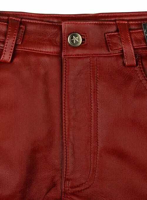 Men's Cognac Brown Full-Grain Original Premium Leather Moto Pants - Slim Fit with Zipper Details