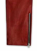 Men's Red Full-Grain Original Premium Leather Moto Pants - Slim Fit with Zipper Details
