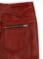 Men's Red Full-Grain Original Premium Leather Moto Pants - Slim Fit with Zipper Details