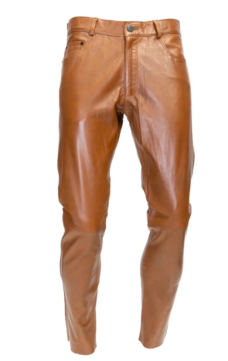 Men's Brown Full-Grain Premium Original Leather Pants - Slim Fit Classic Style