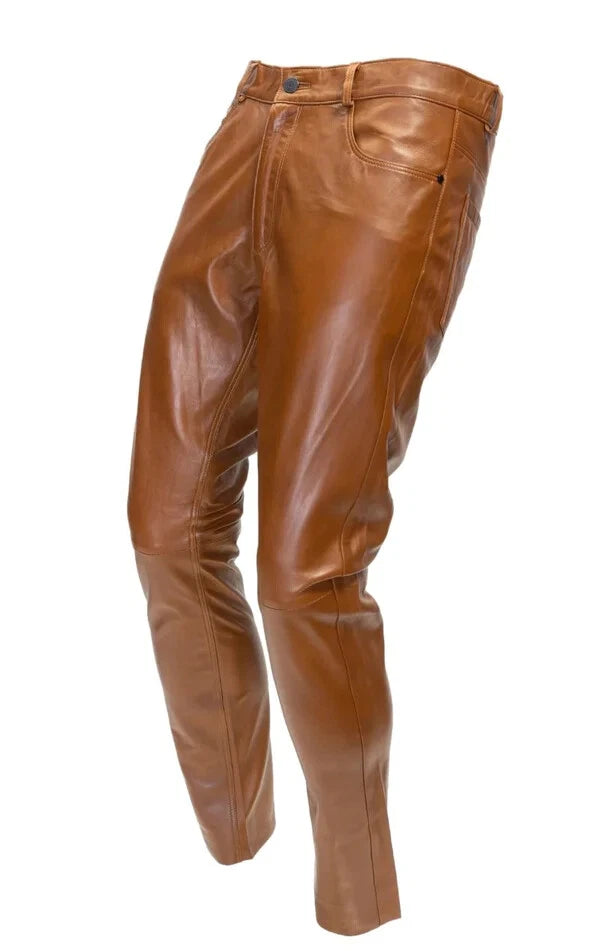 Men's Brown Full-Grain Premium Original Leather Pants - Slim Fit Classic Style