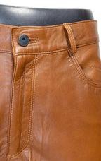 Men's Brown Full-Grain Premium Original Leather Pants - Slim Fit Classic Style
