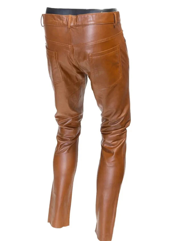 Men's Brown Full-Grain Premium Original Leather Pants - Slim Fit Classic Style
