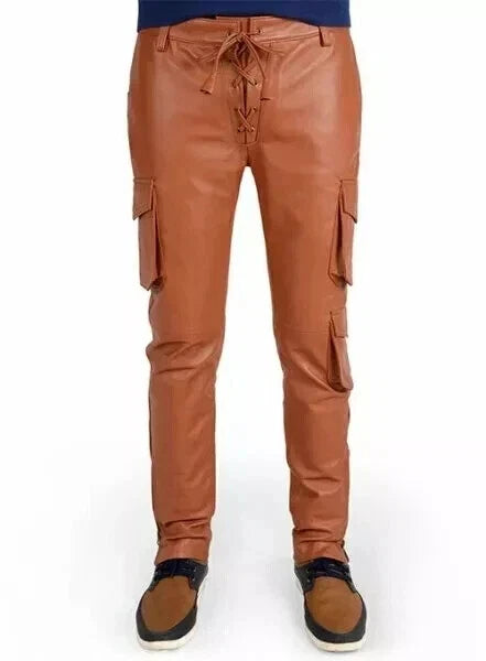Men's Tan Full-Grain Original Leather Cargo Pants - Relaxed Fit with Lace-Up Detailing