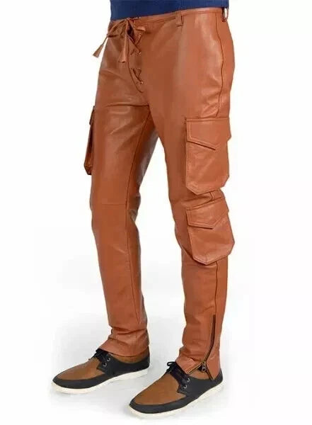 Men's Tan Full-Grain Original Leather Cargo Pants - Relaxed Fit with Lace-Up Detailing