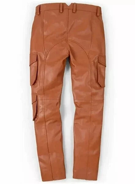 Men's Tan Full-Grain Original Leather Cargo Pants - Relaxed Fit with Lace-Up Detailing