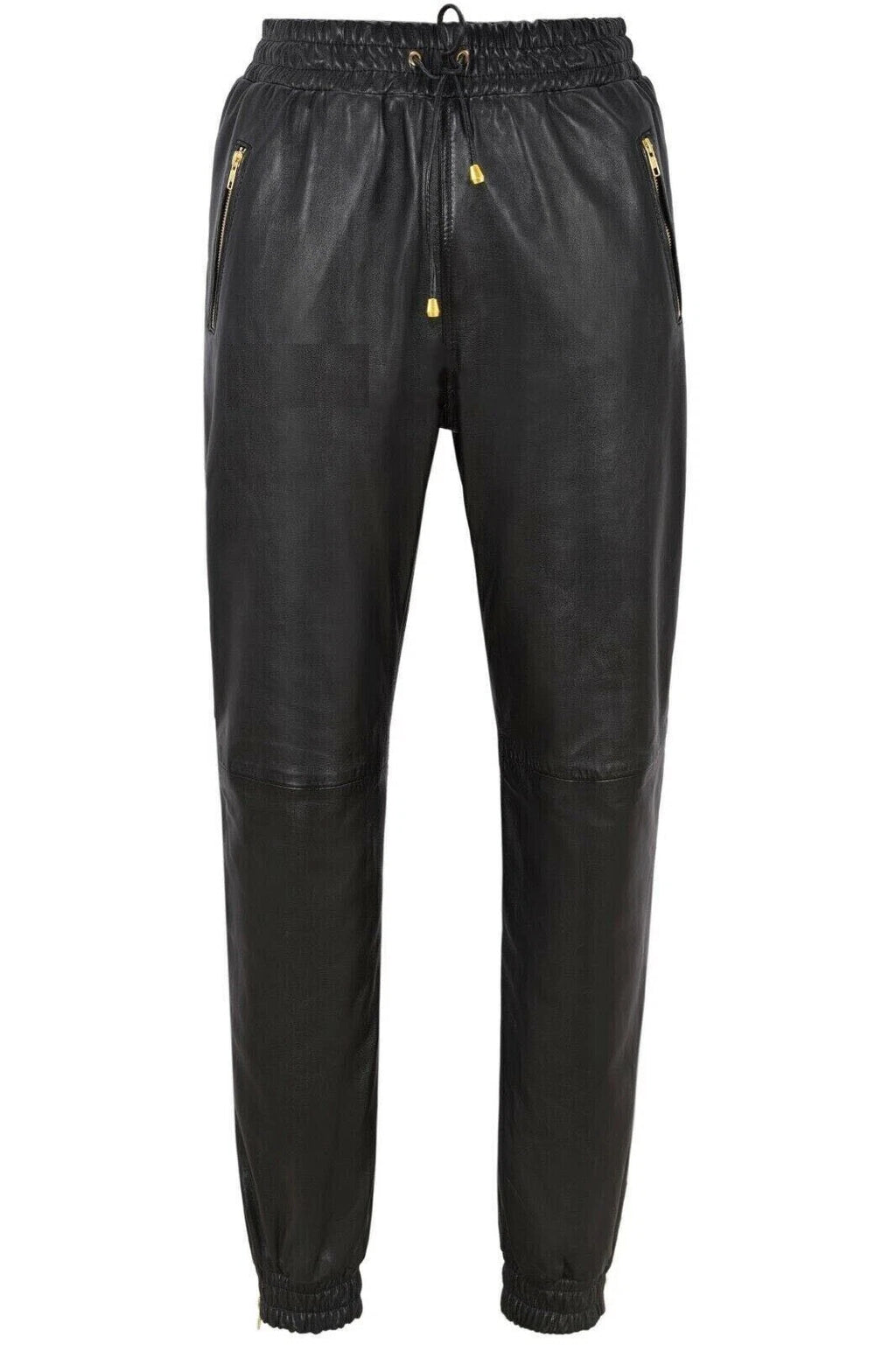 Men Black Full-Grain Leather Joggers - Relaxed Fit with Gold Accents
