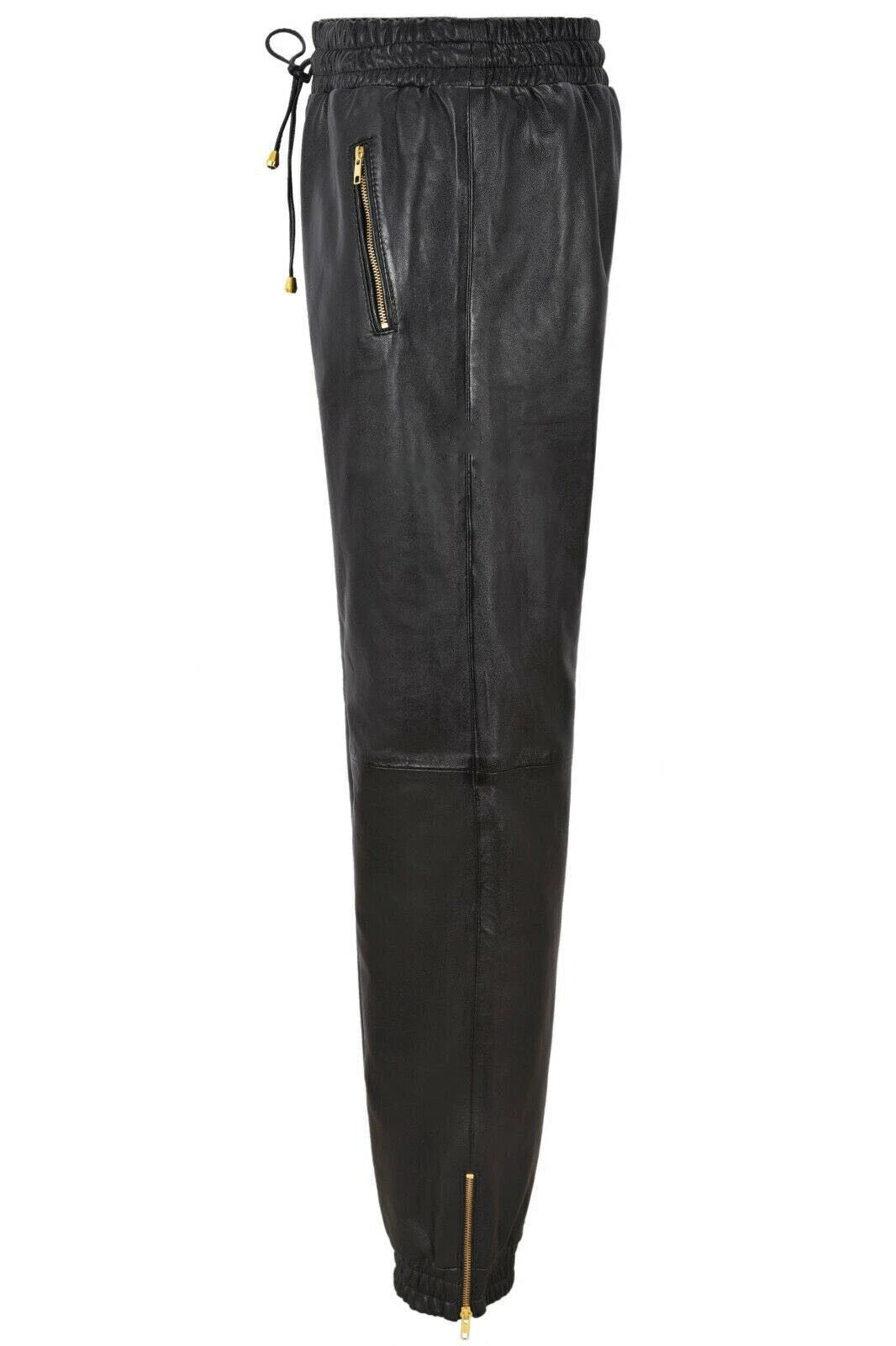 Men Black Full-Grain Leather Joggers - Relaxed Fit with Gold Accents