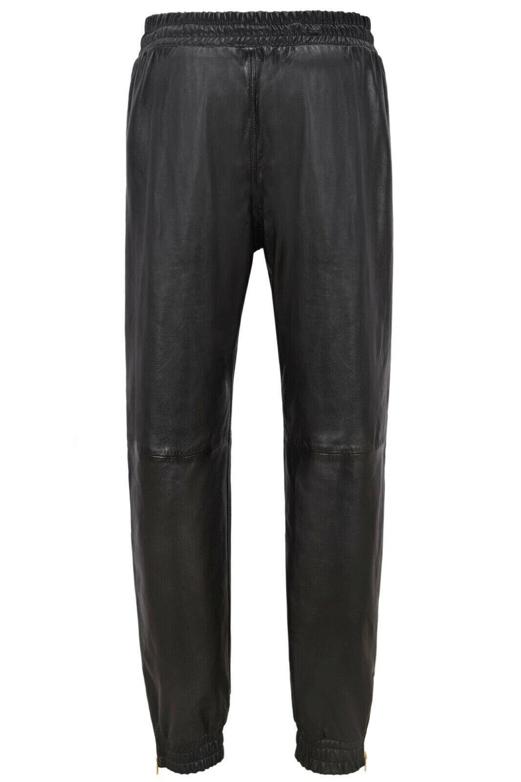 Men Black Full-Grain Leather Joggers - Relaxed Fit with Gold Accents