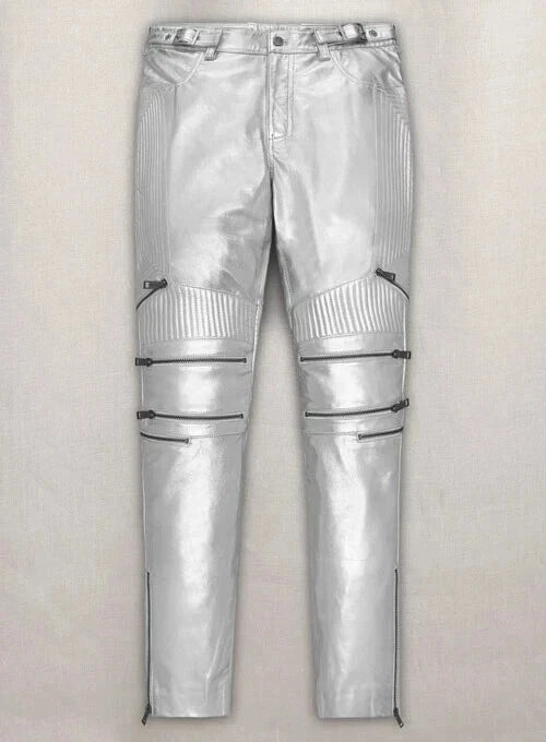 Men's Silver Metallic Full-Grain Original Leather Moto Pants - Premium Slim Fit Futuristic Style