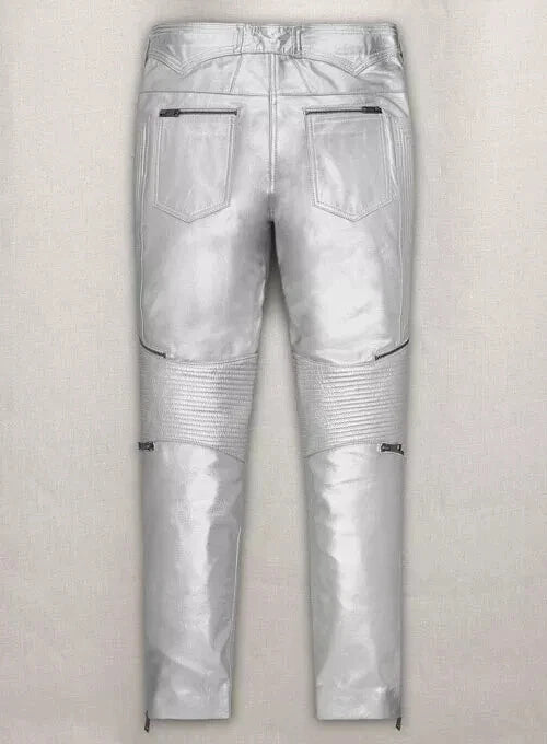 Men's Silver Metallic Full-Grain Original Leather Moto Pants - Premium Slim Fit Futuristic Style