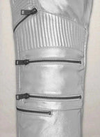 Men's Silver Metallic Full-Grain Original Leather Moto Pants - Premium Slim Fit Futuristic Style